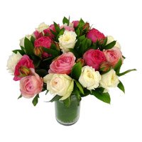 Send Pink White Roses in Vase 24 Flowers to India