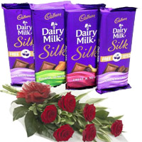4 Cadbury Dairy Milk Silk Chocolates With 6 Red Roses Bhai Dooj Gift hamper to India