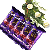 Send Bhai Dooj Gift hamper 5 Cadbury Silk Bubbly Chocolate With 3 White Roses