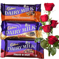 Bhai Dooj Combo gift of 5 red roses with 4 dairy milk Silk