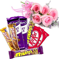 Twin Five Star, Dairy Milk, Munch, Kitkat Chocolates with 5 Pink Roses for Bhai Dooj Gift