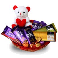Dairy Milk, Silk, Temptation Chocolates and 6 Inch Teddy Basket for Bhai Dooj Gift