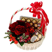 12 Red Roses, 40 Pcs Ferrero Rocher Basket Bhai Dooj Gift hamper to India