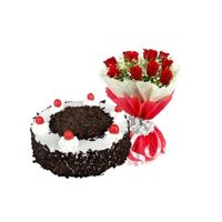 Send 1/2 Kg Black Forest Cake 12 Red Roses Bouquet Delivery in India