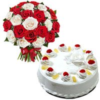 Bouquet of 24 red and white roses with 1 kg Pineapple cake for Bhai Dooj