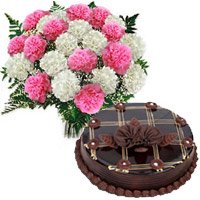 Bhai Dooj gift arrangemant of white and pink carnation with 1 kg chocolate cake
