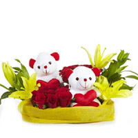 Valentine's Day gift 2 Small Teddy, 2 Yellow Lily 12 Red Roses Basket