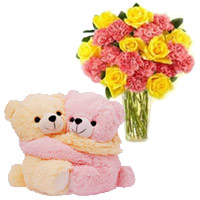 Hugging Valentine's Day Teddy Bear, 24 Pink Carnation Yellow Rose Vase