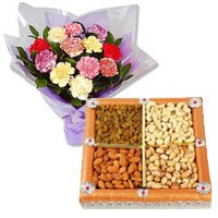 12 Mixed Carnation With 1/2 Kg Dry Fruits gift for Bhai Dooj