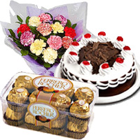 Send 12 Mix Carnation, 1/2 Kg Black Forest Cake, 16 Pcs Ferrero Rocher Bhai Dooj Gift hamper