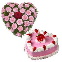 Bhai Dooj Combo gift 36 Pink Carnation Heart, 1 Kg Heart Strawberry Cake