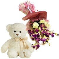 Bhai Dooj Gift hamper 6 Purple Orchids 6 Yellow Carnations Bunch 6 Inch Teddy