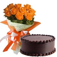 Online 10 Orange Roses 1/2 Kg Chocolate Cake for Bhai Dooj