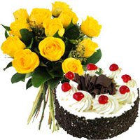 12 Yellow Roses 1 Kg Black Forest Cake for Bhai Dooj