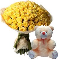 6 Inch Valentine's Day Teddy Bear with a Bunch of 50 Yellow Rose to India