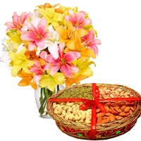 Send 10 Mix Lily Vase, 1 Kg Mix Dry Fruits gift to India for Bhai Dooj