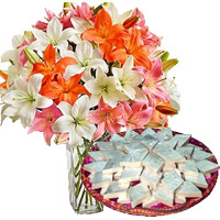 18 Pink White Lily Vase, 1/2 Kg Kaju Katli Bhai Dooj Gift hamper to India
