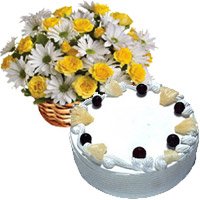 30 White Gerbera Yellow Roses Basket 1 Kg Eggless Pineapple Cake Bhai Dooj Combo gift
