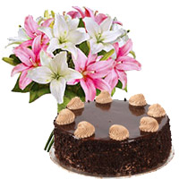 Bhai Dooj Combo gift 6 Pink White Lily 1 Kg Chocolate Cake From 5 Star Hotel