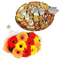 Send 500 gm Assorted Kaju Sweets with 12 Mix Gerbera Bhai Dooj gift hamper