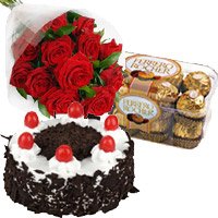 Send Combination of Ferrero Rocher, 12 red roses and 1 kg cake for Bhai Dooj