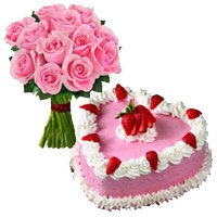 Send Online 1 Kg Strawberry Cake 12 Pink Roses Bouquet Delivery in India