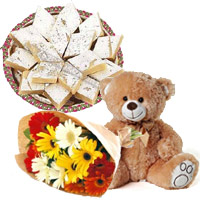 Send Bhai Dooj Gift hamper 12 Gerbera Bouquet, 1/2 Kg Kaju Burfi, 1 Teddy Bear