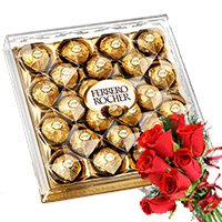  Bhai Dooj Gift Ferrero Rocher Chocolates 24 Pieces with 6 Red Rose Bunch