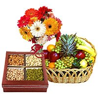 Send Bunch of 12 Mix Gerberas with 3 kg fruit Basket & 0.5 kg Mixed Dry fruits Gift For Bhai Dooj