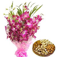 Bhai Dooj gift 12 Orchid Stem Flower Bouquet with 500 gm Assorted Dry Fruits