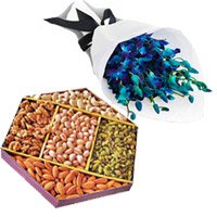 Blue Orchid Bunch 10 Flowers Stem with 1/2 Kg Mix Dry Fruits Bhai Dooj gift to India
