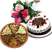 6 Mix Roses 1/2 Kg Black Forest Cake with 500 gm Mix Dry Fruits for Bhai Dooj Gift