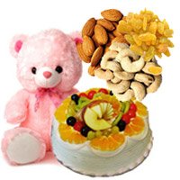 12 Inch Teddy 1 Kg Eggless Fruit Cake 5 Star Bakery with 500 gm Assorted Dry Fruits gift for Bhai Dooj