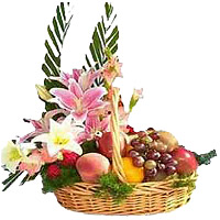 Send 8 Mix Lily with 2 Kg Fresh Fruits Basket to India