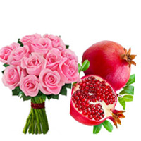 Online Pink Roses Bouquet 12 Flowers with 1 Kg Promegranate Delivery in India