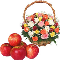 Mixed Roses Basket 45 Flowers with 1 Kg Fresh Apple to India