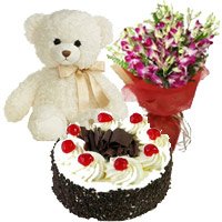 1 kg Black Forest Cake, Bouquet of 10 Orchids, 6 inch Teddy for Valentine's Day