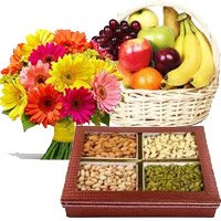 12 Mix Gerberas, 3 Kg Fresh Fruit Basket, 0.5 Kg Mixed Dry Fruits gift for Bhai Dooj