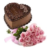 Bunch of 15 Pink Roses 1 Kg Heart Shape Chocolate Truffle Cake Bhai Dooj gift hamper to India