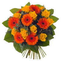 Online 10 Yellow Roses 8 Orange Gerbera Flower Bouquet for Bhai Dooj