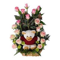 Send 18 Pink Roses with Teddy Basket to India