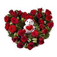 Heart Arrangement of  24  Red Roses & Teddy for Valentine's Day gift