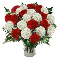 Send Red and White Carnation Vase with Rakhi