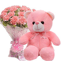 Valentine's Day gift Tiny Teddy bear &12 Pink Carnation to India