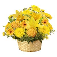 Order Rakhi with Yellow Lily, Gerbera, Rose, Carnation Basket 12 Flower to India