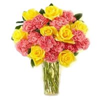 Rakhi Gifts Pink Carnation Yellow Rose in Vase 24 Flowers with Rakhi for brother