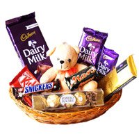 Basket of Exotic Chocolates & 6 Inch Teddy for Valentine's Day