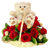 Valentine's Day Gift Basket carry 9 Inch Teddy, 12 Red Roses, 10 Ferrero Rocher 