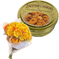 Yellow Gerbera Bouquet, Danish Chocolate Chip & Butter Chocolates Cookie to India