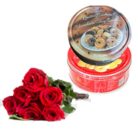 Red Roses Flowers Bouquet, Almond and Coco Chip Cookies Delivery in India